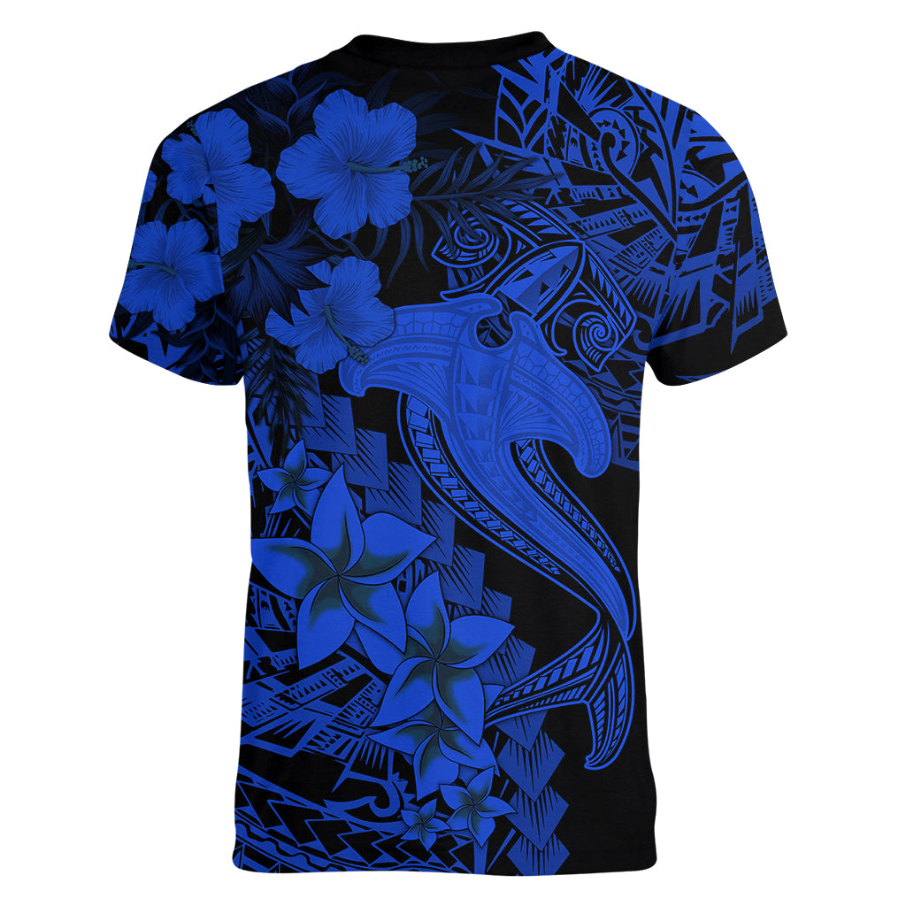 Aloha Hawaii Women V Neck T Shirt Hammerhead Shark Tattoo Polynesian Summer - Blue - Wonder Print Shop
