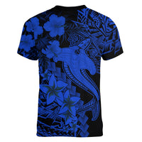 Aloha Hawaii Women V Neck T Shirt Hammerhead Shark Tattoo Polynesian Summer - Blue - Wonder Print Shop