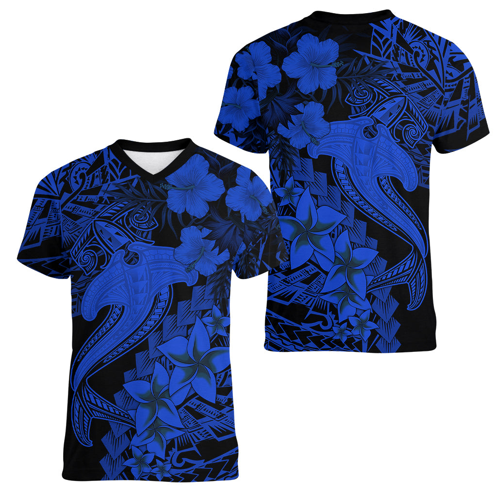 Aloha Hawaii Women V Neck T Shirt Hammerhead Shark Tattoo Polynesian Summer - Blue - Wonder Print Shop