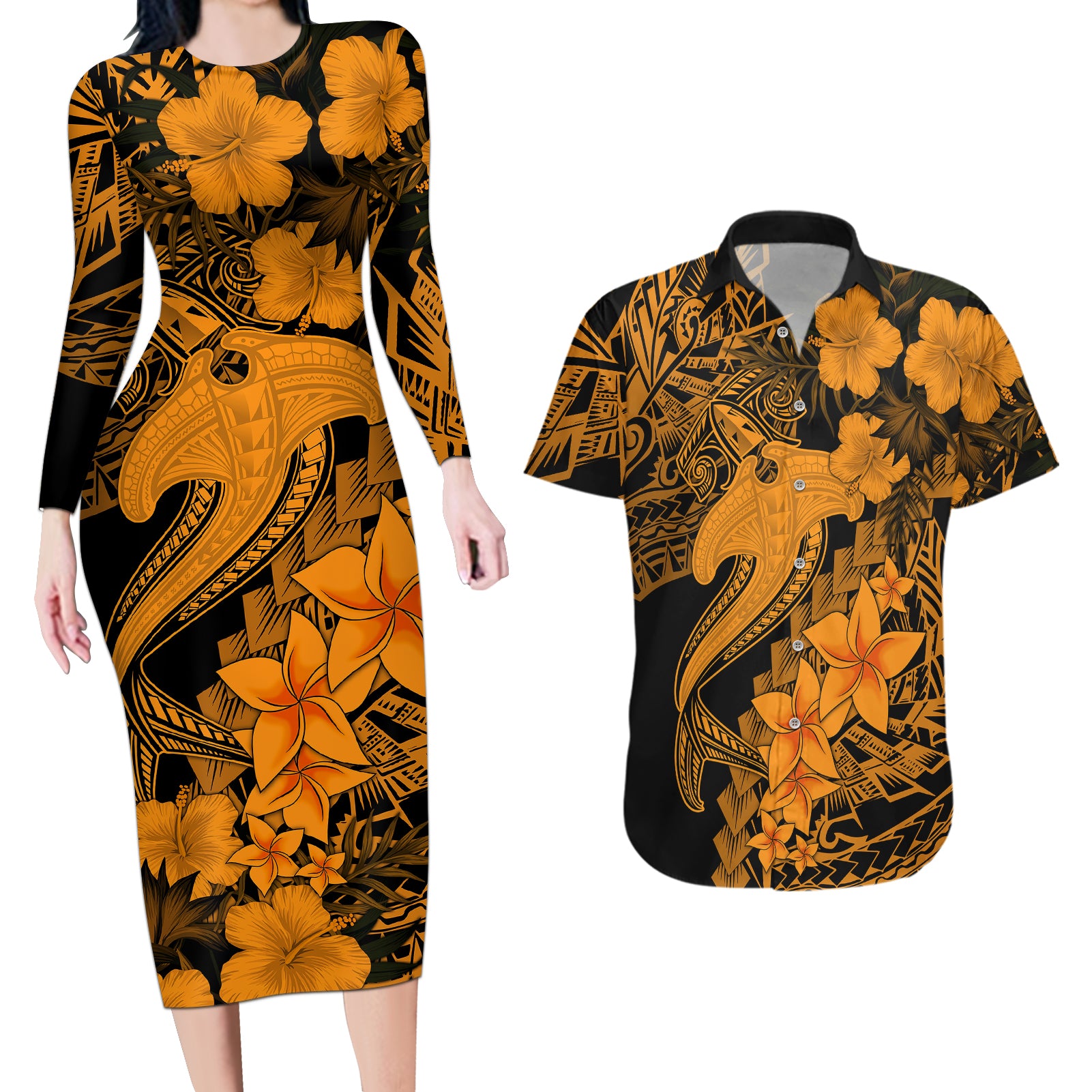 Aloha Hawaii Couples Matching Long Sleeve Bodycon Dress and Hawaiian Shirt Hammerhead Shark Tattoo Polynesian Summer - Gold LT9 - Wonder Print Shop