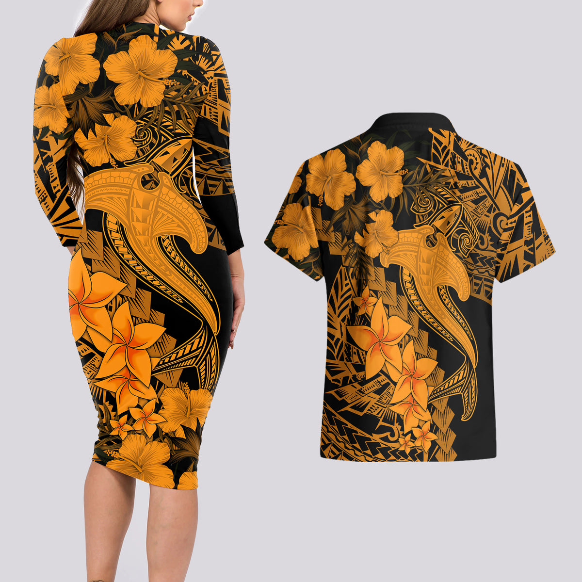 Aloha Hawaii Couples Matching Long Sleeve Bodycon Dress and Hawaiian Shirt Hammerhead Shark Tattoo Polynesian Summer - Gold LT9 - Wonder Print Shop