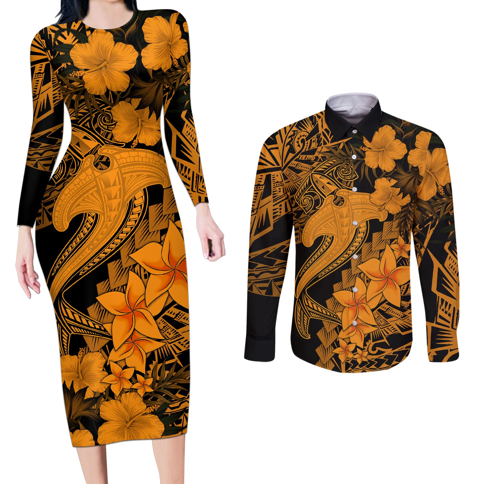 Aloha Hawaii Couples Matching Long Sleeve Bodycon Dress and Long Sleeve Button Shirts Hammerhead Shark Tattoo Polynesian Summer - Gold LT9 - Wonder Print Shop