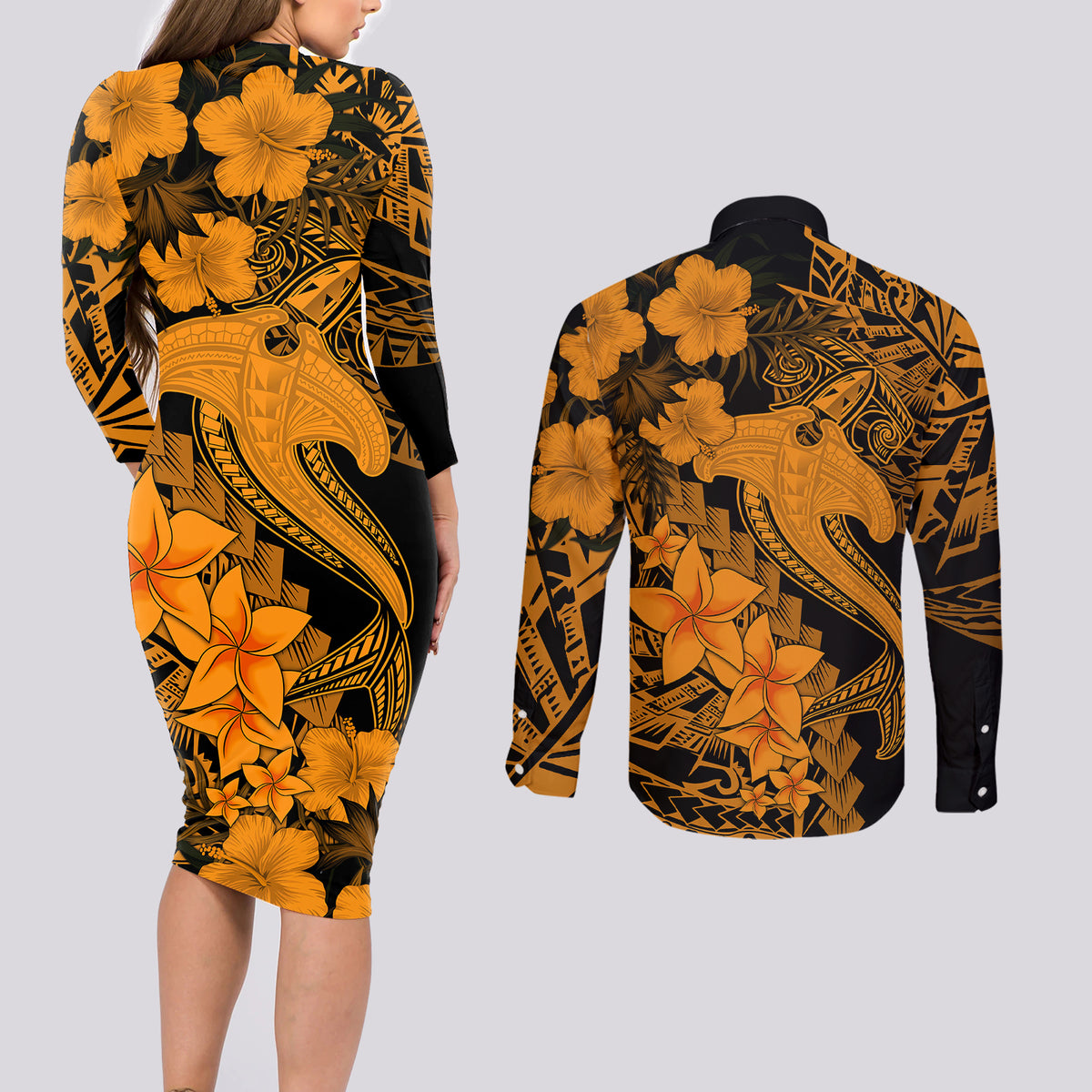 Aloha Hawaii Couples Matching Long Sleeve Bodycon Dress and Long Sleeve Button Shirts Hammerhead Shark Tattoo Polynesian Summer - Gold LT9 - Wonder Print Shop