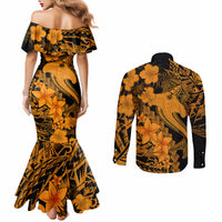 aloha-hawaii-couples-matching-mermaid-dress-and-long-sleeve-button-shirts-hammerhead-shark-tattoo-polynesian-summer-gold