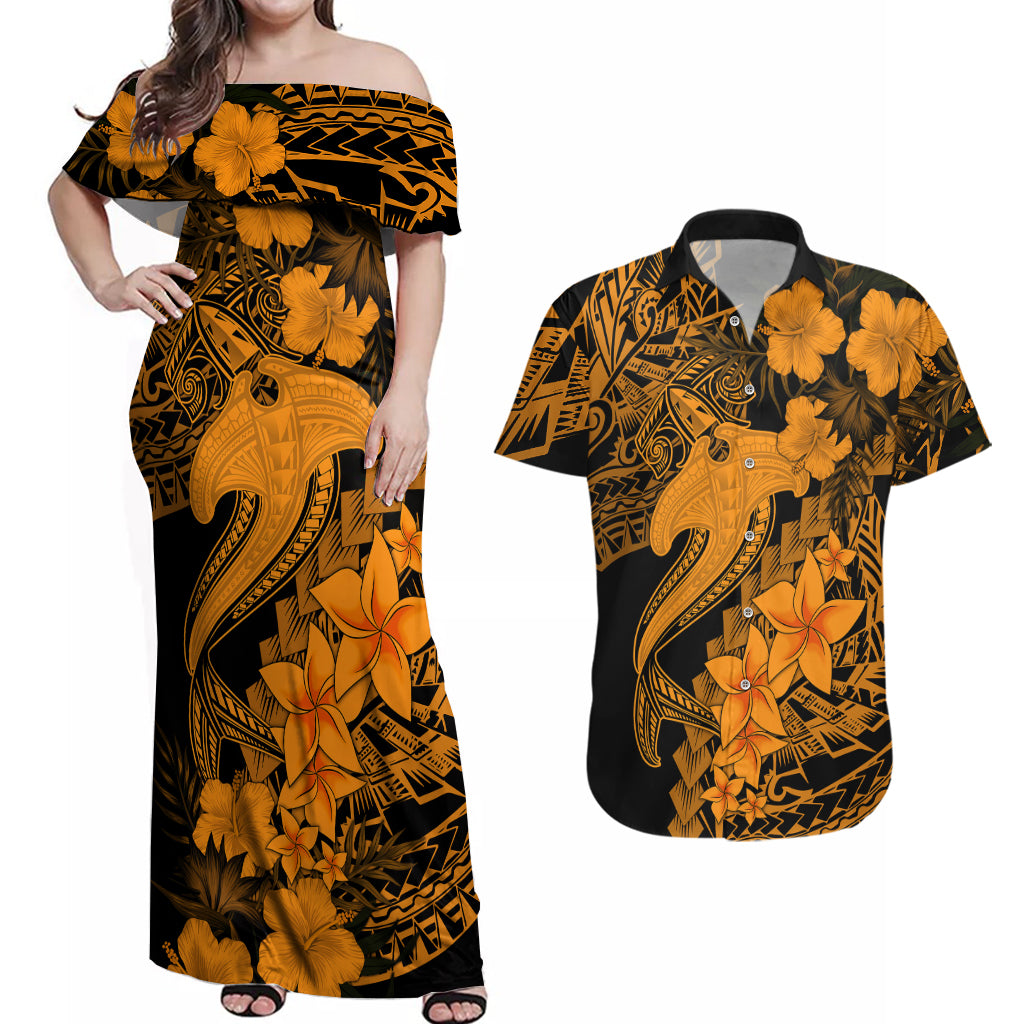 Aloha Hawaii Couples Matching Off Shoulder Maxi Dress and Hawaiian Shirt Hammerhead Shark Tattoo Polynesian Summer - Gold LT9 - Wonder Print Shop