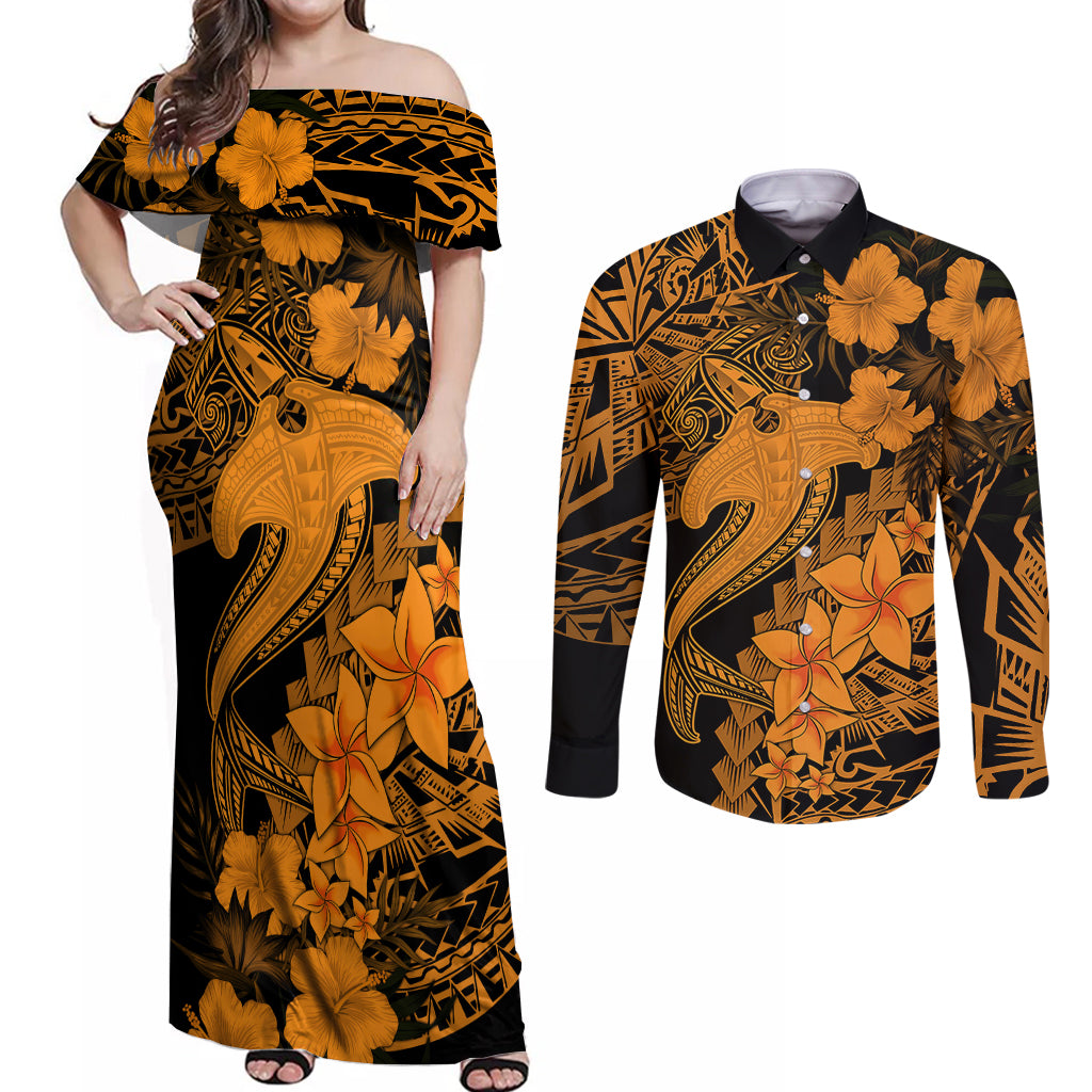 Aloha Hawaii Couples Matching Off Shoulder Maxi Dress and Long Sleeve Button Shirts Hammerhead Shark Tattoo Polynesian Summer - Gold LT9 - Wonder Print Shop