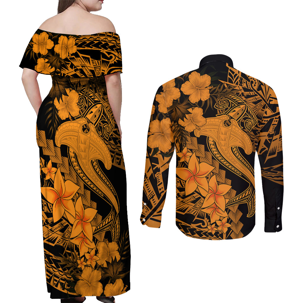 Aloha Hawaii Couples Matching Off Shoulder Maxi Dress and Long Sleeve Button Shirts Hammerhead Shark Tattoo Polynesian Summer - Gold LT9 - Wonder Print Shop