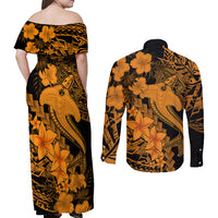 Aloha Hawaii Couples Matching Off Shoulder Maxi Dress and Long Sleeve Button Shirts Hammerhead Shark Tattoo Polynesian Summer - Gold LT9 - Wonder Print Shop