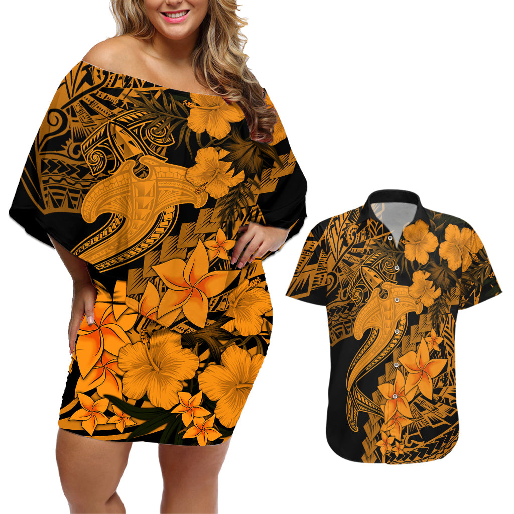 Aloha Hawaii Couples Matching Off Shoulder Short Dress and Hawaiian Shirt Hammerhead Shark Tattoo Polynesian Summer - Gold LT9 - Wonder Print Shop