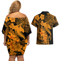 Aloha Hawaii Couples Matching Off Shoulder Short Dress and Hawaiian Shirt Hammerhead Shark Tattoo Polynesian Summer - Gold LT9 - Wonder Print Shop