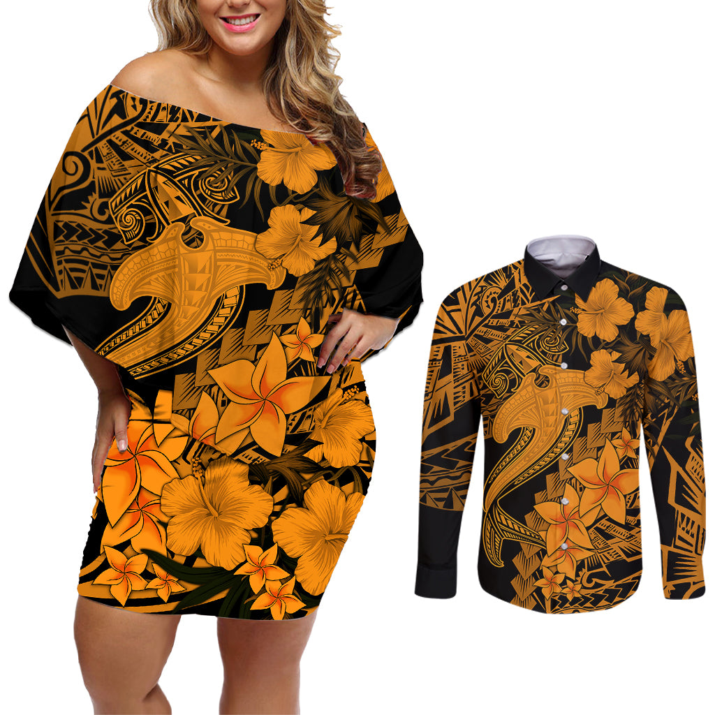 Aloha Hawaii Couples Matching Off Shoulder Short Dress and Long Sleeve Button Shirts Hammerhead Shark Tattoo Polynesian Summer - Gold LT9 - Wonder Print Shop