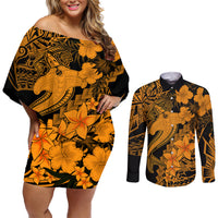 Aloha Hawaii Couples Matching Off Shoulder Short Dress and Long Sleeve Button Shirts Hammerhead Shark Tattoo Polynesian Summer - Gold LT9 - Wonder Print Shop