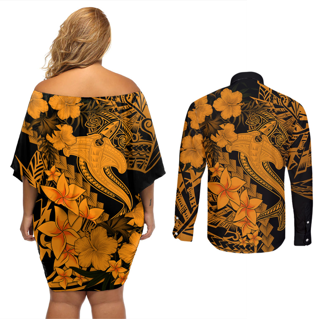 Aloha Hawaii Couples Matching Off Shoulder Short Dress and Long Sleeve Button Shirts Hammerhead Shark Tattoo Polynesian Summer - Gold LT9 - Wonder Print Shop