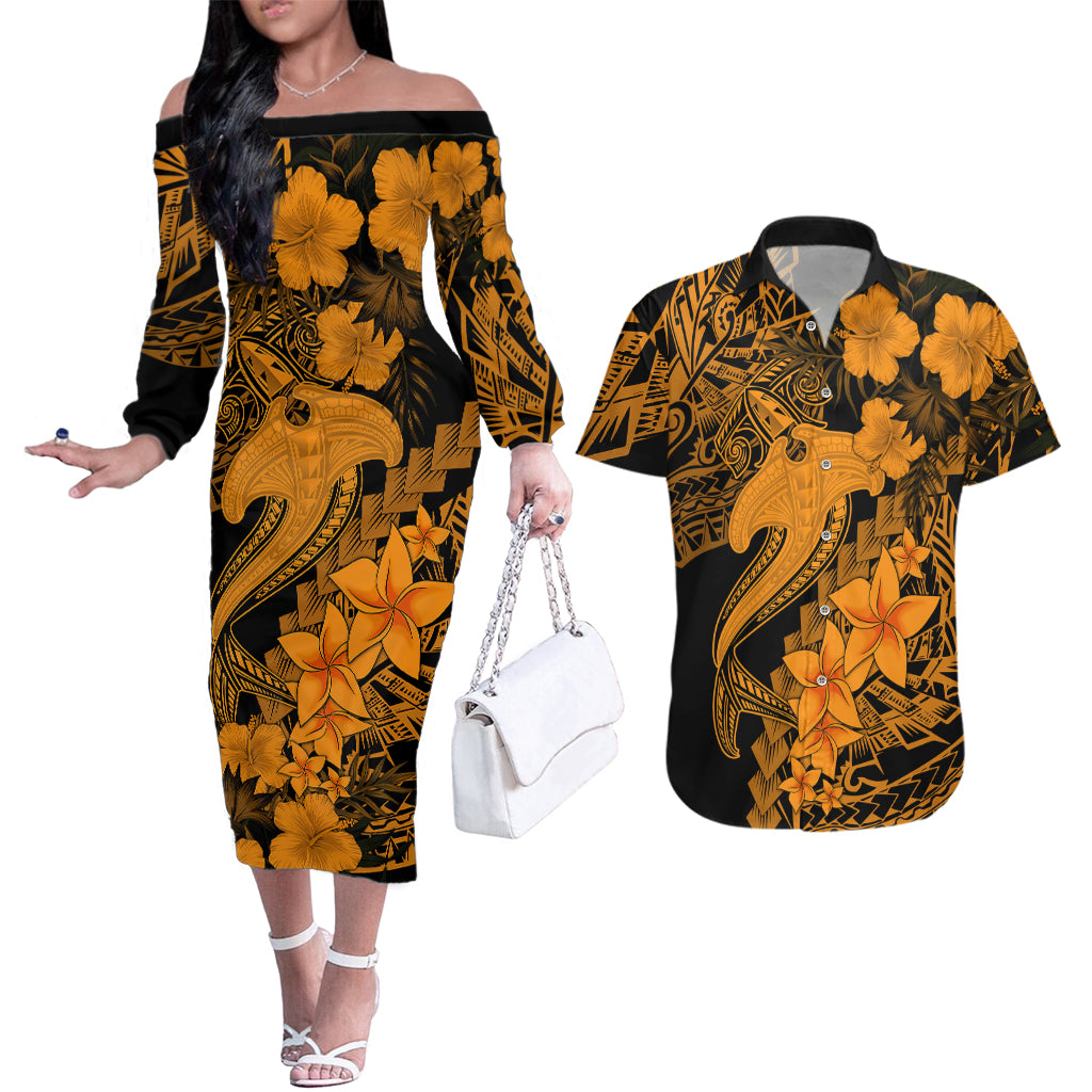 Aloha Hawaii Couples Matching Off The Shoulder Long Sleeve Dress and Hawaiian Shirt Hammerhead Shark Tattoo Polynesian Summer - Gold LT9 - Wonder Print Shop