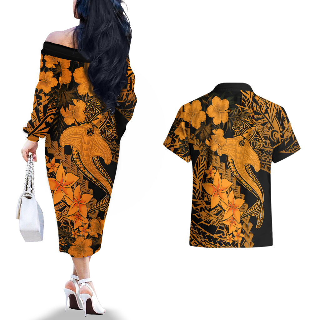 Aloha Hawaii Couples Matching Off The Shoulder Long Sleeve Dress and Hawaiian Shirt Hammerhead Shark Tattoo Polynesian Summer - Gold LT9 - Wonder Print Shop