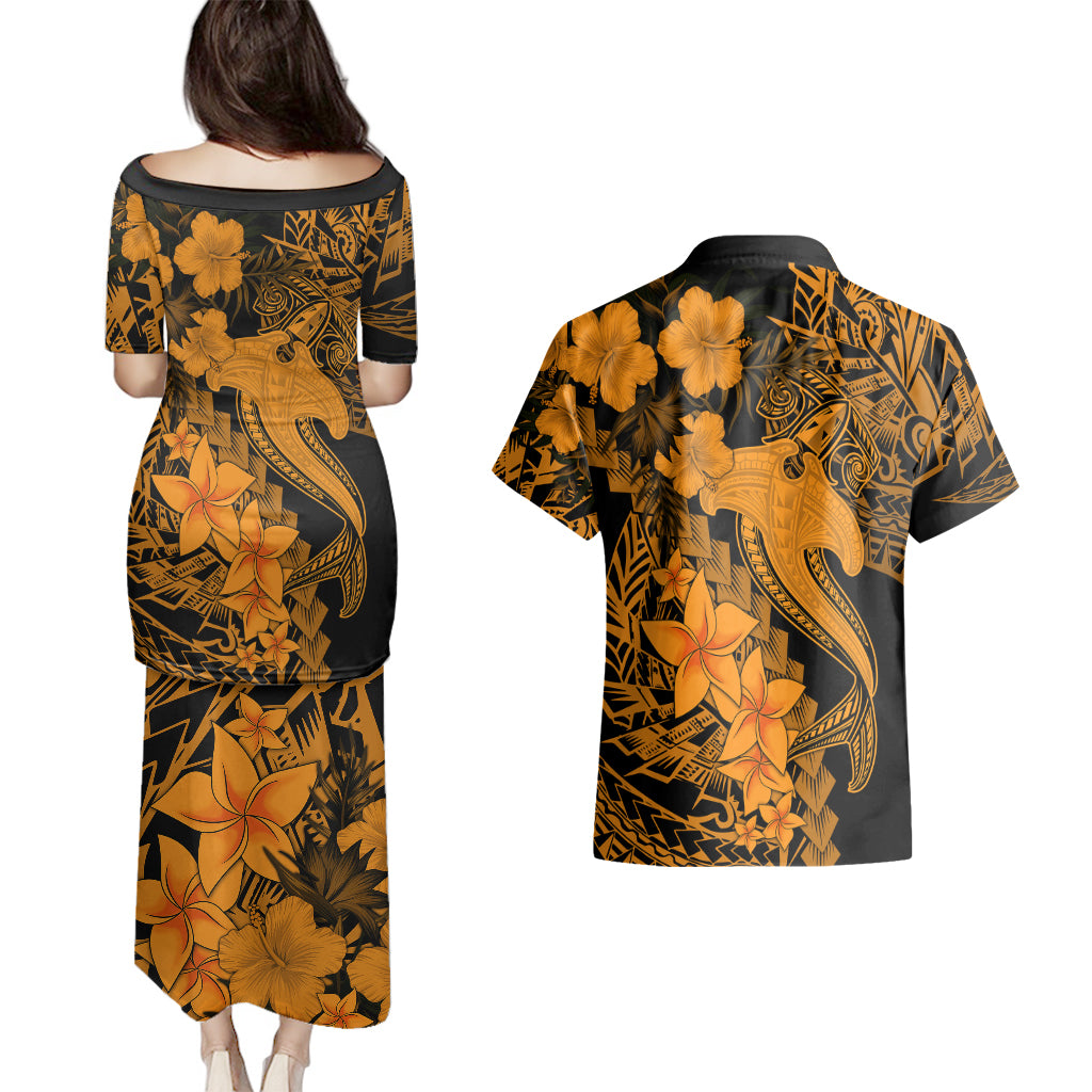 Aloha Hawaii Couples Matching Puletasi Dress and Hawaiian Shirt Hammerhead Shark Tattoo Polynesian Summer - Gold LT9 - Wonder Print Shop