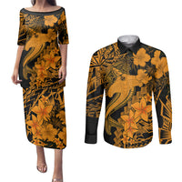 Aloha Hawaii Couples Matching Puletasi Dress and Long Sleeve Button Shirts Hammerhead Shark Tattoo Polynesian Summer - Gold LT9 - Wonder Print Shop