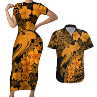 Aloha Hawaii Couples Matching Short Sleeve Bodycon Dress and Hawaiian Shirt Hammerhead Shark Tattoo Polynesian Summer - Gold LT9 - Wonder Print Shop
