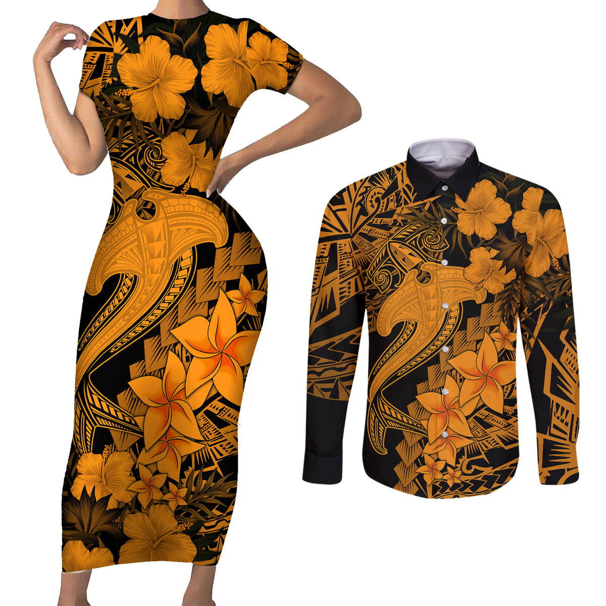 Aloha Hawaii Couples Matching Short Sleeve Bodycon Dress and Long Sleeve Button Shirts Hammerhead Shark Tattoo Polynesian Summer - Gold LT9 - Wonder Print Shop