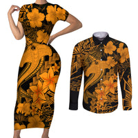 Aloha Hawaii Couples Matching Short Sleeve Bodycon Dress and Long Sleeve Button Shirts Hammerhead Shark Tattoo Polynesian Summer - Gold LT9 - Wonder Print Shop