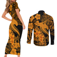 Aloha Hawaii Couples Matching Short Sleeve Bodycon Dress and Long Sleeve Button Shirts Hammerhead Shark Tattoo Polynesian Summer - Gold LT9 - Wonder Print Shop