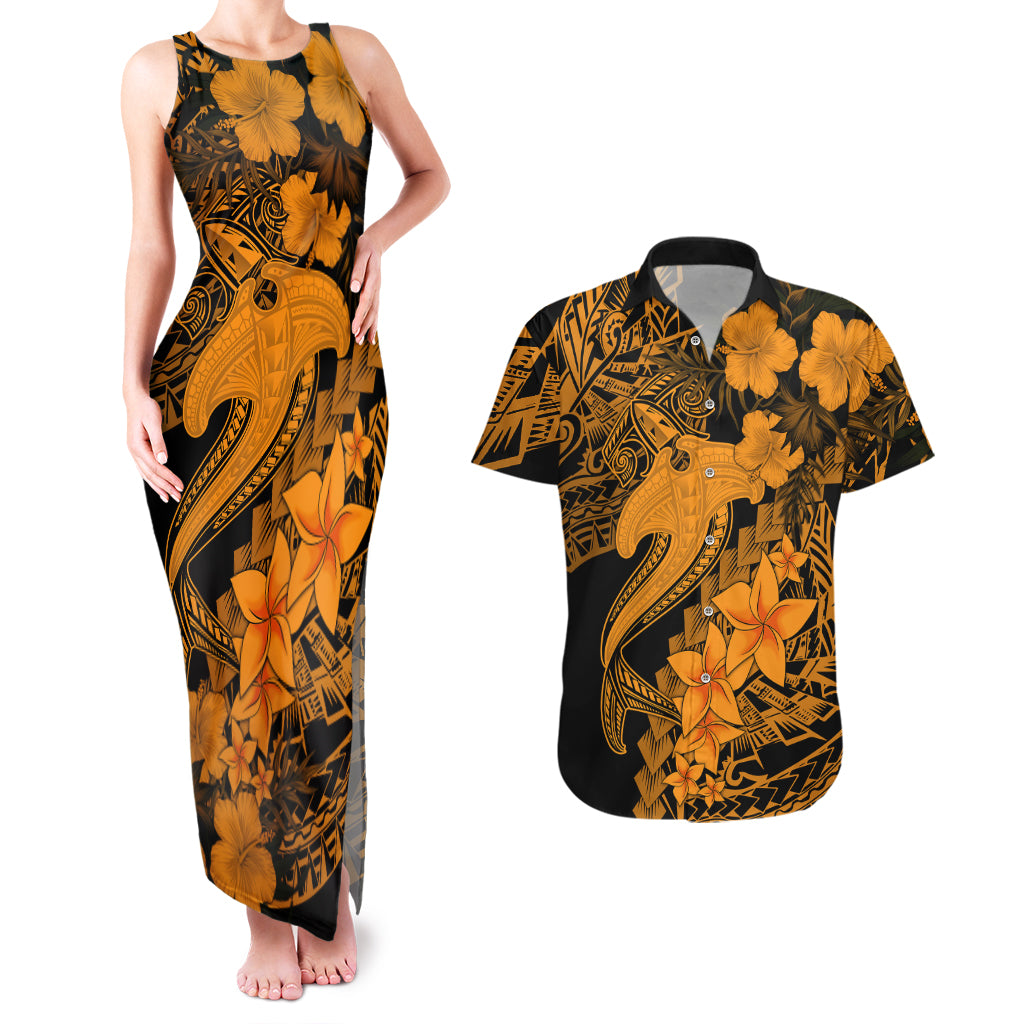 Aloha Hawaii Couples Matching Tank Maxi Dress And Hawaiian Shirt Hammerhead Shark Tattoo Polynesian Summer - Gold LT9 - Wonder Print Shop