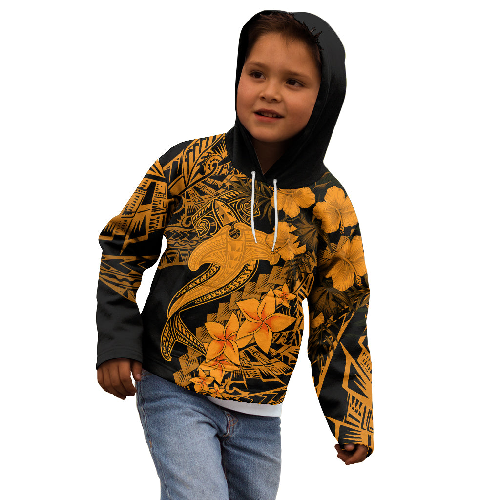 Aloha Hawaii Kid Hoodie Hammerhead Shark Tattoo Polynesian Summer - Gold - Wonder Print Shop
