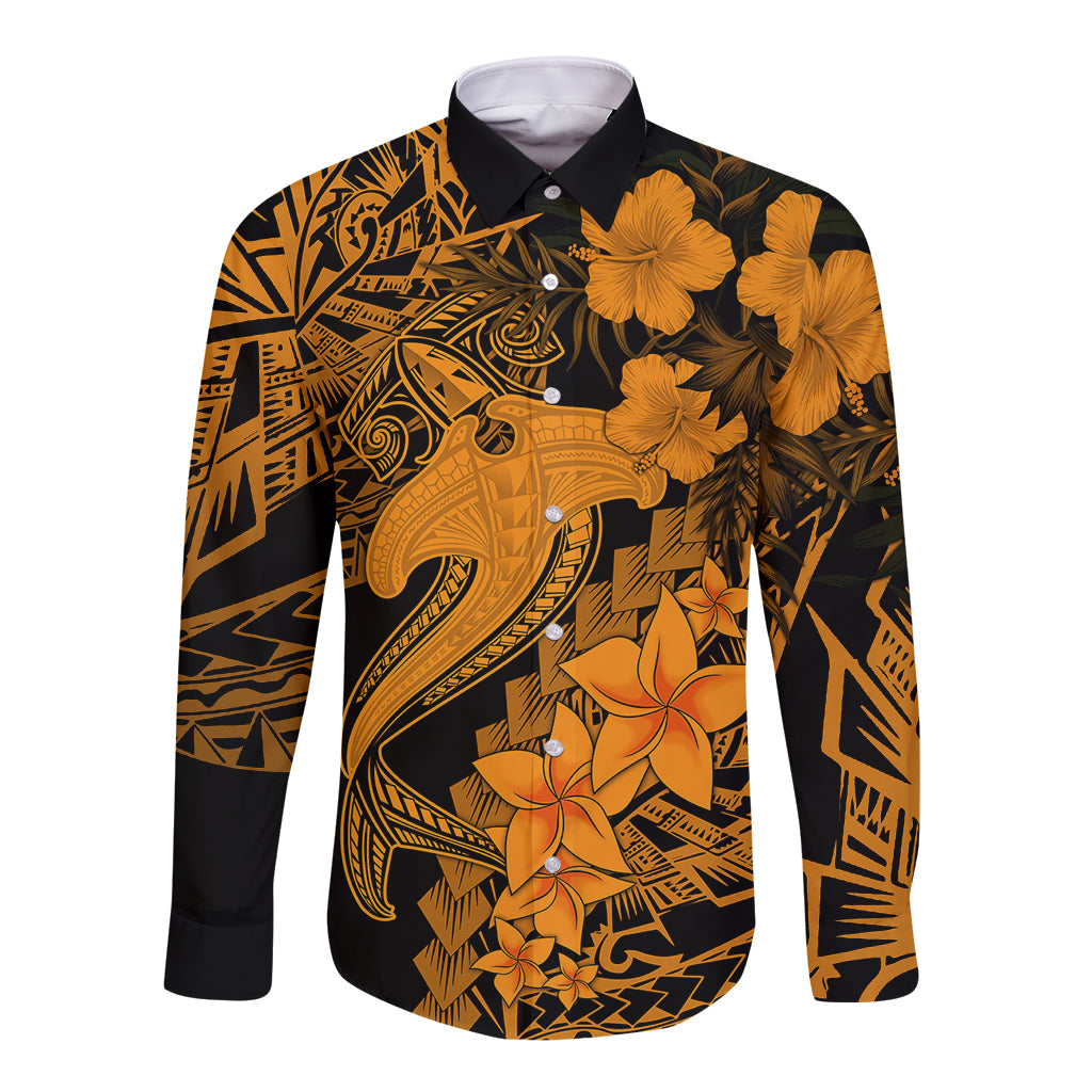 Aloha Hawaii Long Sleeve Button Shirt Hammerhead Shark Tattoo Polynesian Summer - Gold - Wonder Print Shop