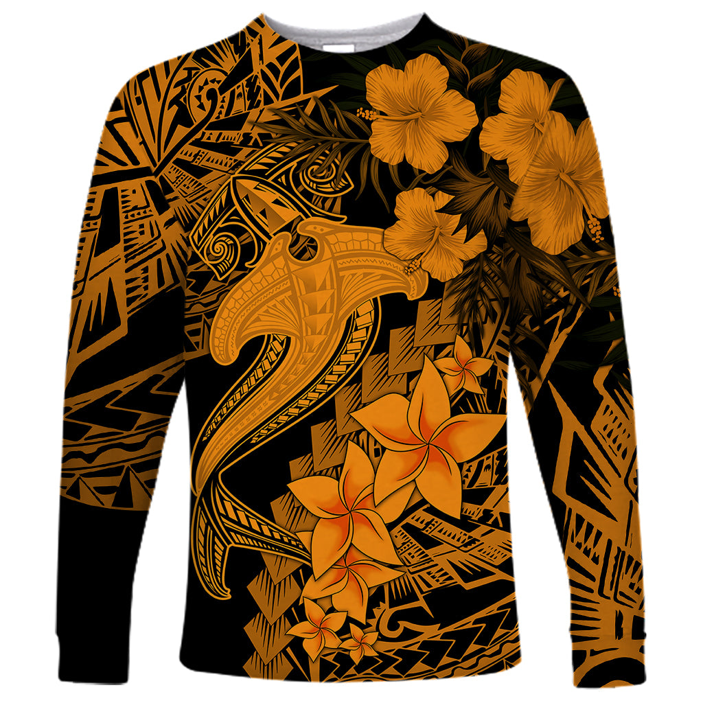 Aloha Hawaii Long Sleeve Shirt Hammerhead Shark Tattoo Polynesian Summer - Gold - Wonder Print Shop