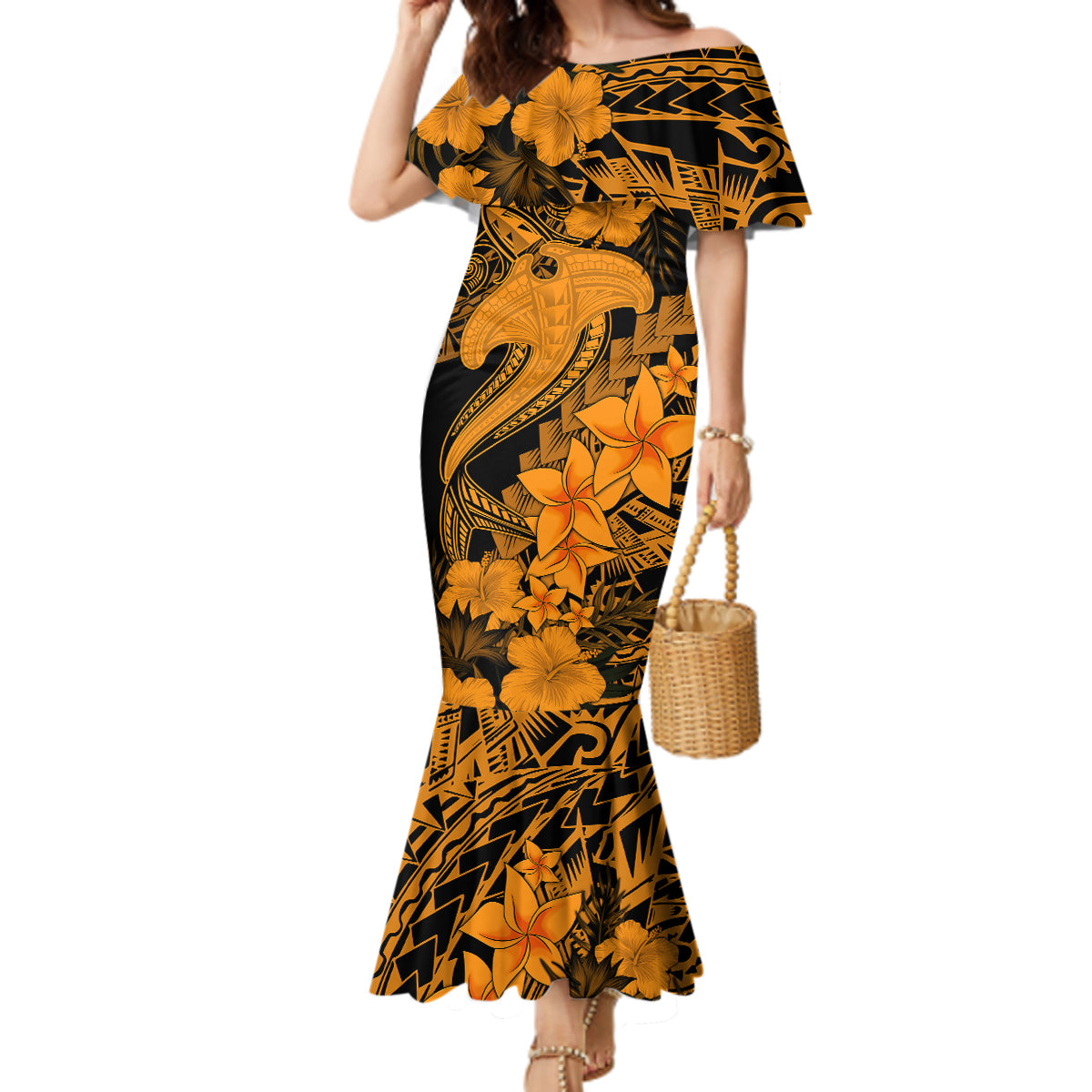 Aloha Hawaii Mermaid Dress Hammerhead Shark Tattoo Polynesian Summer - Gold - Wonder Print Shop
