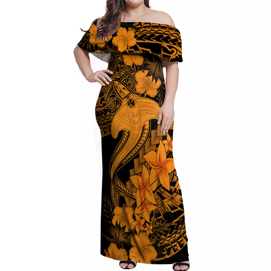 Aloha Hawaii Off Shoulder Maxi Dress Hammerhead Shark Tattoo Polynesian Summer - Gold - Wonder Print Shop
