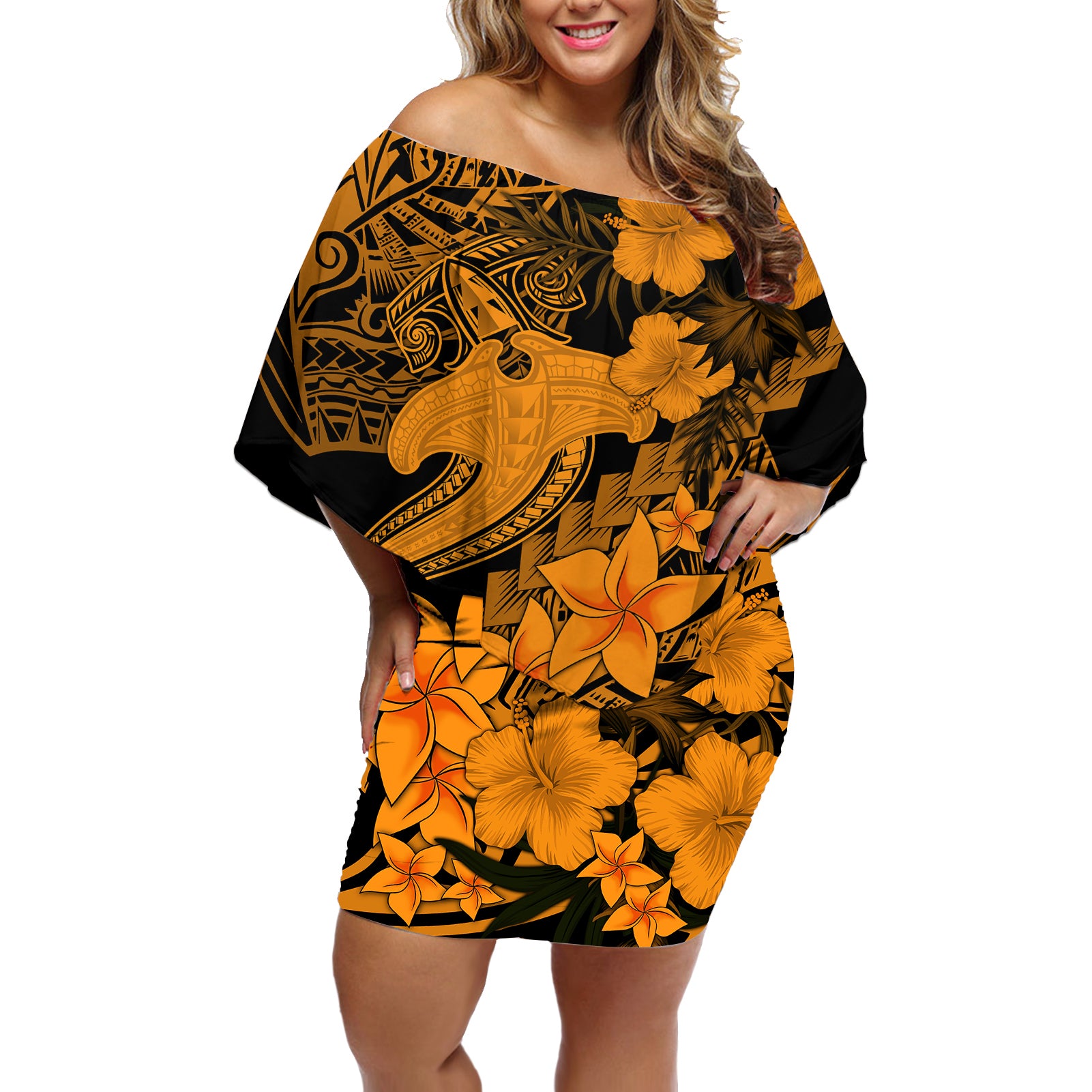 Aloha Hawaii Off Shoulder Short Dress Hammerhead Shark Tattoo Polynesian Summer - Gold - Wonder Print Shop