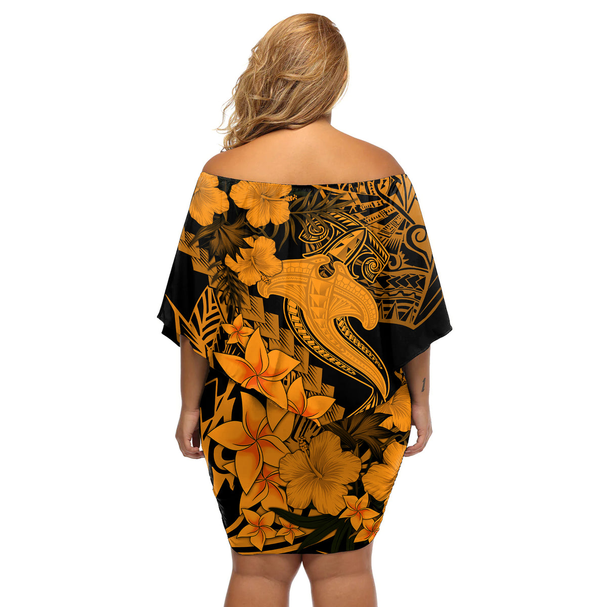 Aloha Hawaii Off Shoulder Short Dress Hammerhead Shark Tattoo Polynesian Summer - Gold - Wonder Print Shop