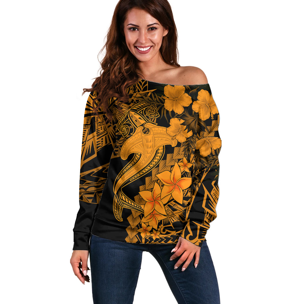Aloha Hawaii Off Shoulder Sweater Hammerhead Shark Tattoo Polynesian Summer - Gold - Wonder Print Shop