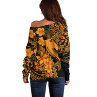 Aloha Hawaii Off Shoulder Sweater Hammerhead Shark Tattoo Polynesian Summer - Gold - Wonder Print Shop