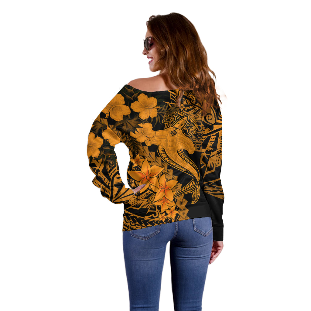 Aloha Hawaii Off Shoulder Sweater Hammerhead Shark Tattoo Polynesian Summer - Gold - Wonder Print Shop