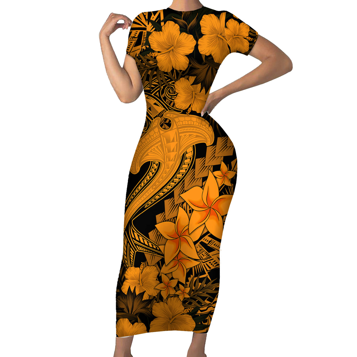 Aloha Hawaii Short Sleeve Bodycon Dress Hammerhead Shark Tattoo Polynesian Summer - Gold - Wonder Print Shop