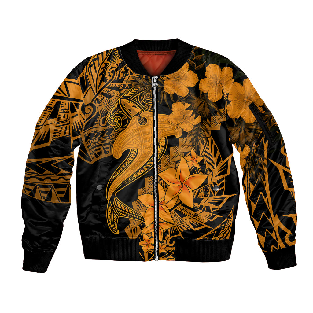 Aloha Hawaii Sleeve Zip Bomber Jacket Hammerhead Shark Tattoo Polynesian Summer - Gold - Wonder Print Shop