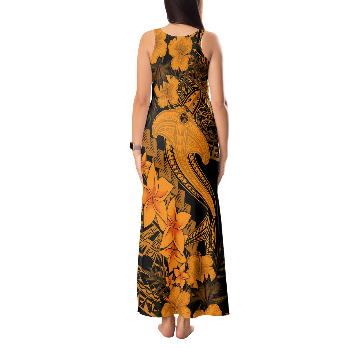 Aloha Hawaii Tank Maxi Dress Hammerhead Shark Tattoo Polynesian Summer - Gold - Wonder Print Shop