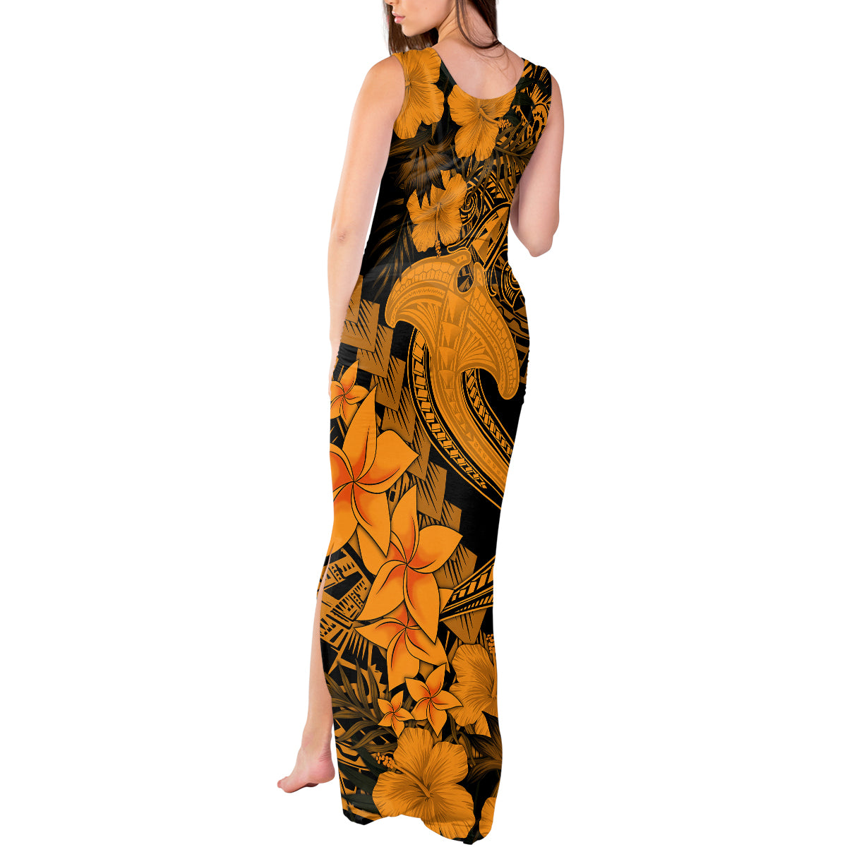 Aloha Hawaii Tank Maxi Dress Hammerhead Shark Tattoo Polynesian Summer - Gold - Wonder Print Shop