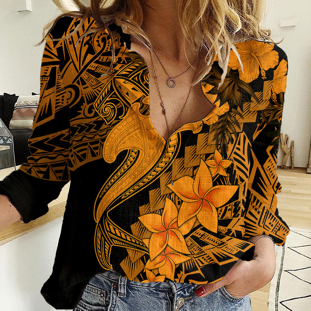 Aloha Hawaii Women Casual Shirt Hammerhead Shark Tattoo Polynesian Summer - Gold - Wonder Print Shop