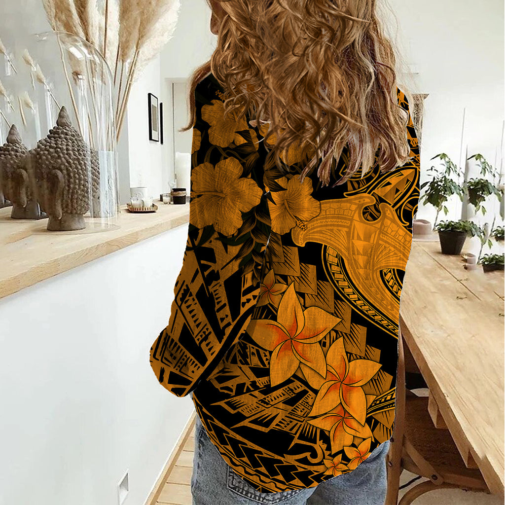 Aloha Hawaii Women Casual Shirt Hammerhead Shark Tattoo Polynesian Summer - Gold - Wonder Print Shop