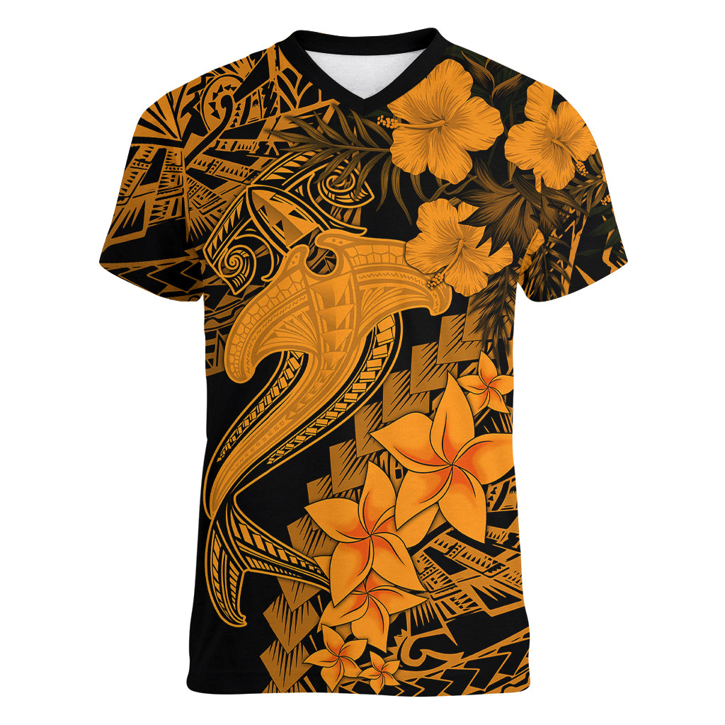 Aloha Hawaii Women V Neck T Shirt Hammerhead Shark Tattoo Polynesian Summer - Gold - Wonder Print Shop