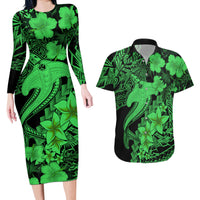 Aloha Hawaii Couples Matching Long Sleeve Bodycon Dress and Hawaiian Shirt Hammerhead Shark Tattoo Polynesian Summer - Green LT9 - Wonder Print Shop