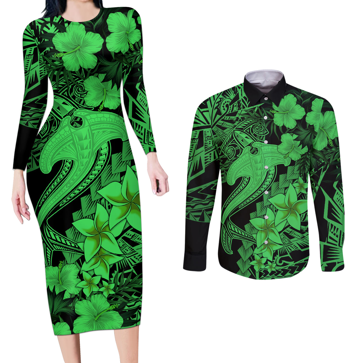 Aloha Hawaii Couples Matching Long Sleeve Bodycon Dress and Long Sleeve Button Shirts Hammerhead Shark Tattoo Polynesian Summer - Green LT9 - Wonder Print Shop