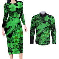 Aloha Hawaii Couples Matching Long Sleeve Bodycon Dress and Long Sleeve Button Shirts Hammerhead Shark Tattoo Polynesian Summer - Green LT9 - Wonder Print Shop