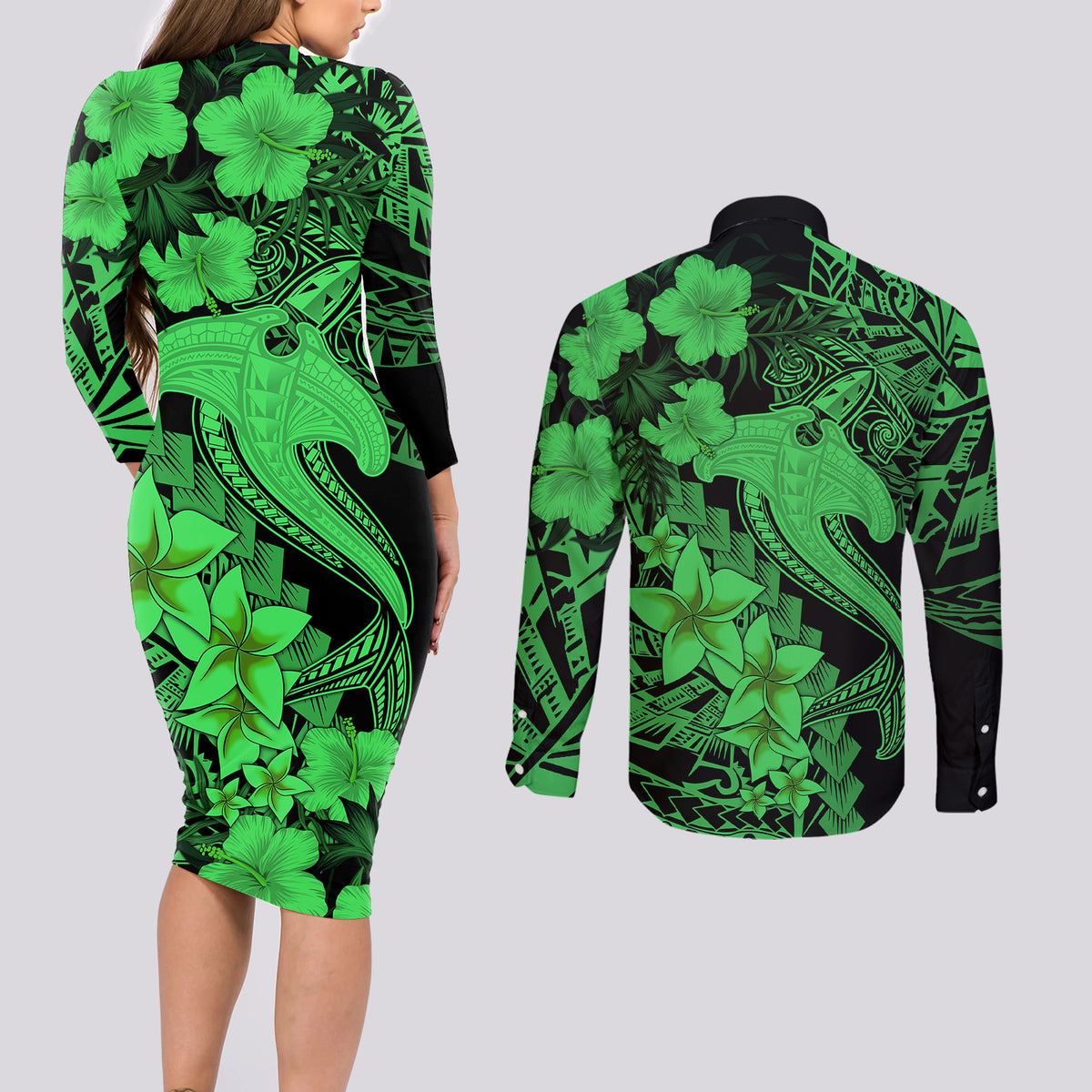 Aloha Hawaii Couples Matching Long Sleeve Bodycon Dress and Long Sleeve Button Shirts Hammerhead Shark Tattoo Polynesian Summer - Green LT9 - Wonder Print Shop