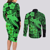 Aloha Hawaii Couples Matching Long Sleeve Bodycon Dress and Long Sleeve Button Shirts Hammerhead Shark Tattoo Polynesian Summer - Green LT9 - Wonder Print Shop