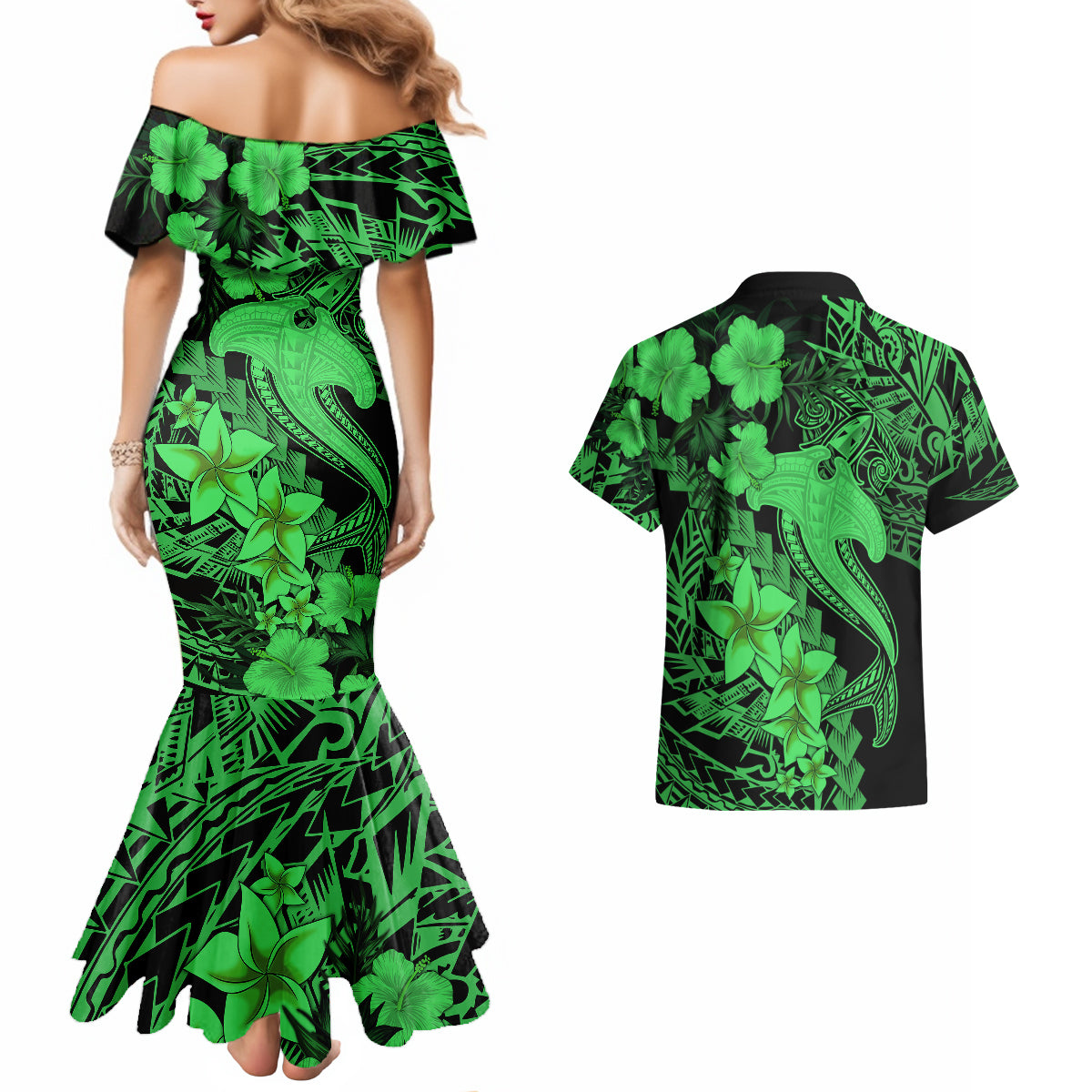 Aloha Hawaii Couples Matching Mermaid Dress And Hawaiian Shirt Hammerhead Shark Tattoo Polynesian Summer - Green LT9 - Wonder Print Shop