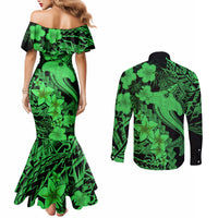 aloha-hawaii-couples-matching-mermaid-dress-and-long-sleeve-button-shirts-hammerhead-shark-tattoo-polynesian-summer-green